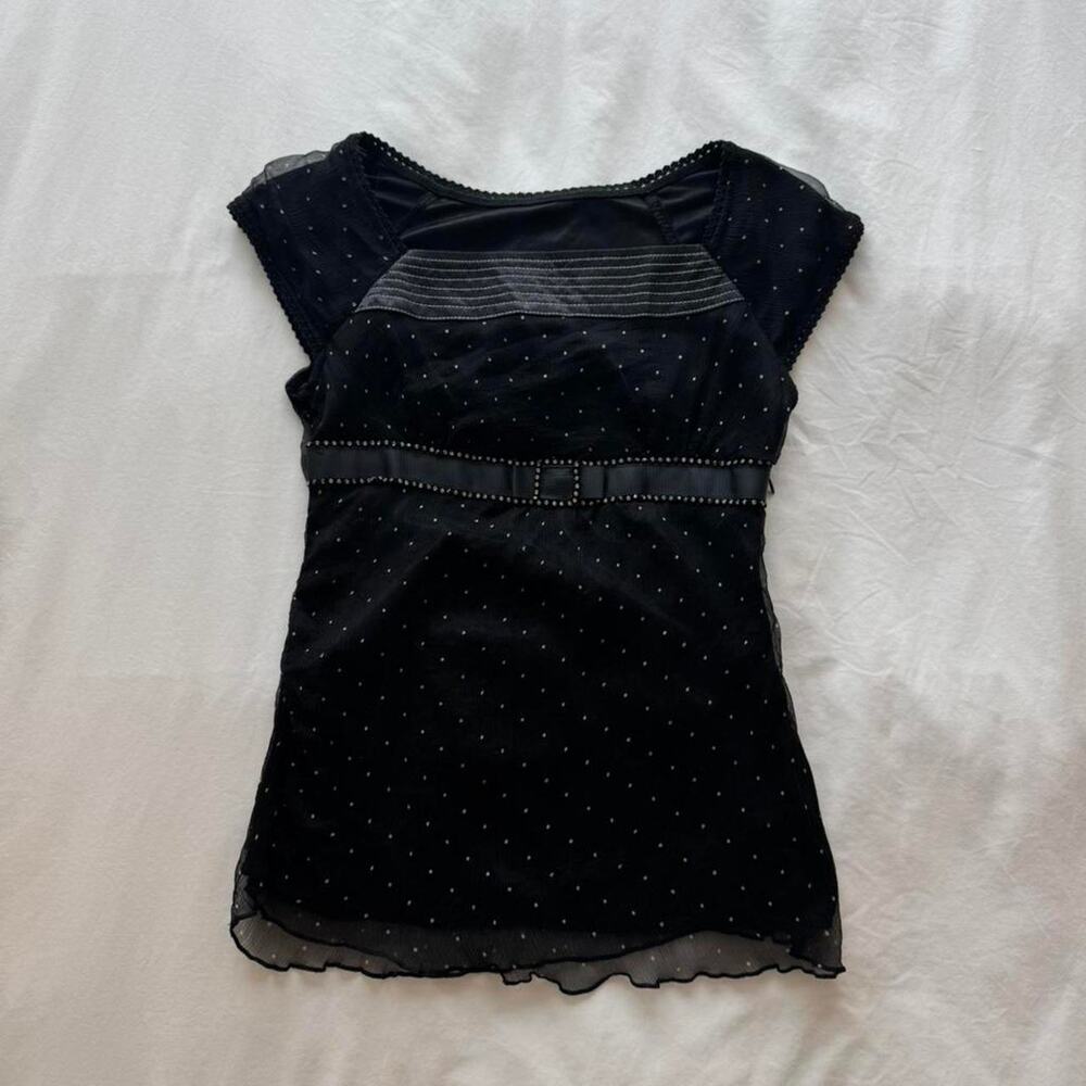 Black polka dot real silk babydoll top with bowtie details